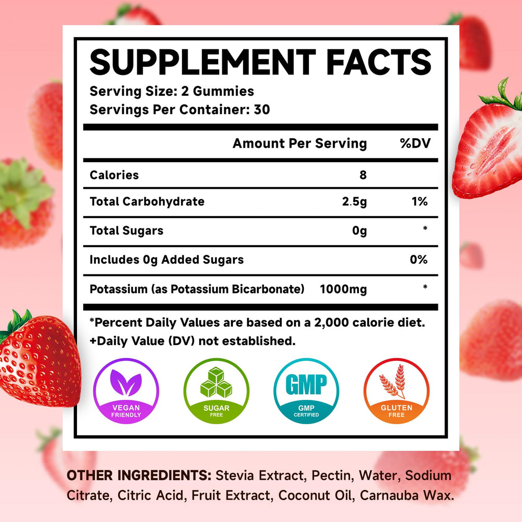 2 Pack Potassium Gummies 1000mg, Potassium Bicarbonate Supplement for Adults & Kids, Potassium Supplement for Electrolyte Balance & Muscle Heath, Sugar-Free, Strawberry Flavor, 120 Count