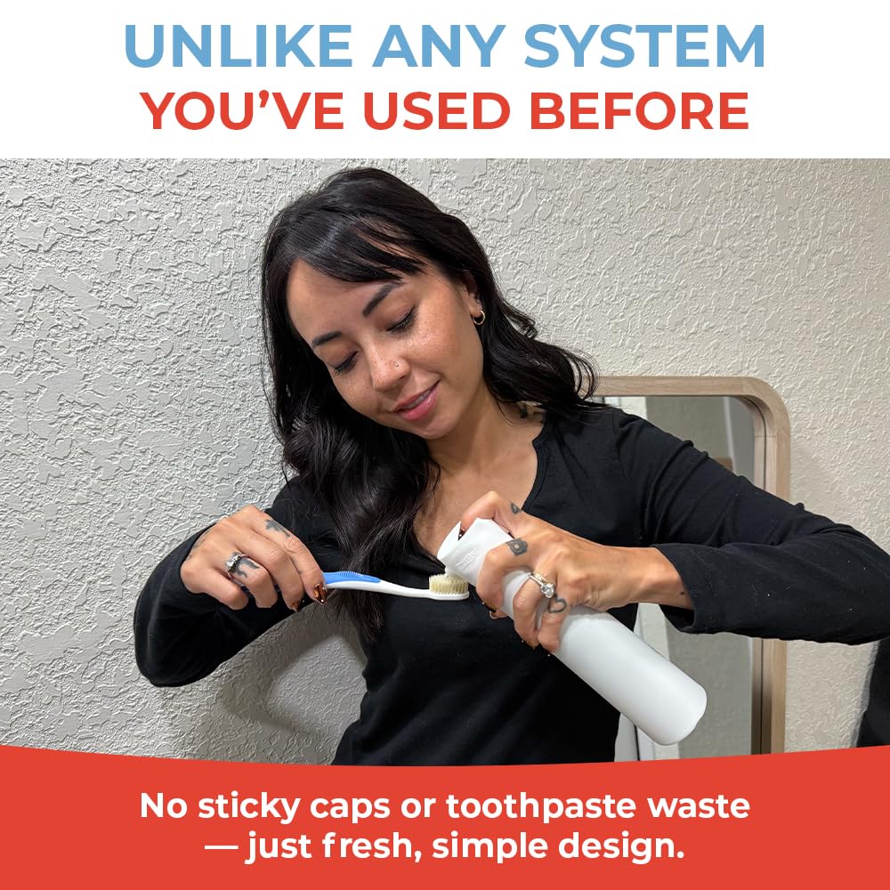 SqueezMe EasyPump Toothpaste Dispenser System - No-Mess Toothpaste Dispenser for Kids, Adults, Families - Hygienic Design & Easy One-Hand Use - Organizers & Accessories for Bathroom - Universal Fit
