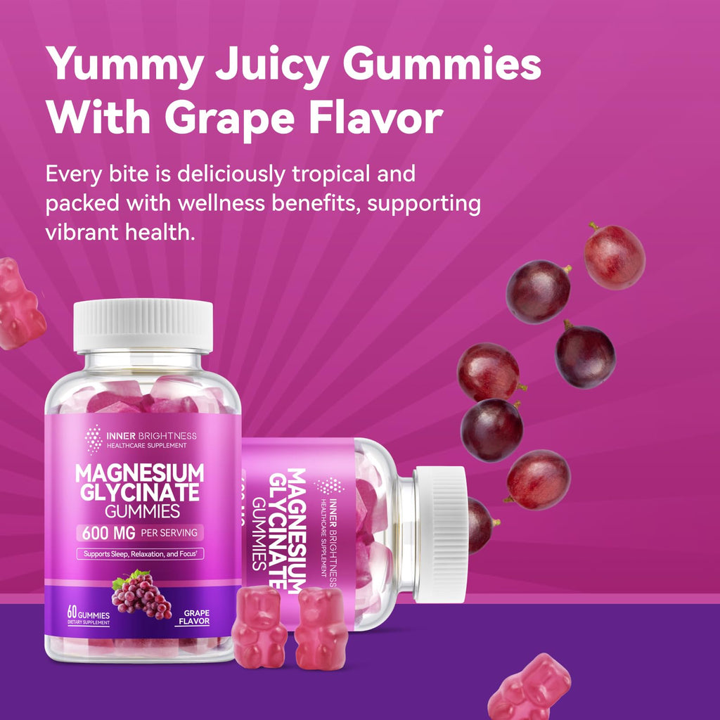 Magnesium Glycinate Gummies 600mg, Non-GMO, Gluten-Free, Magnesium Gummies for Adults & Kids, Sleep, Relaxation & Focus, Grape Flavor, 60 Count