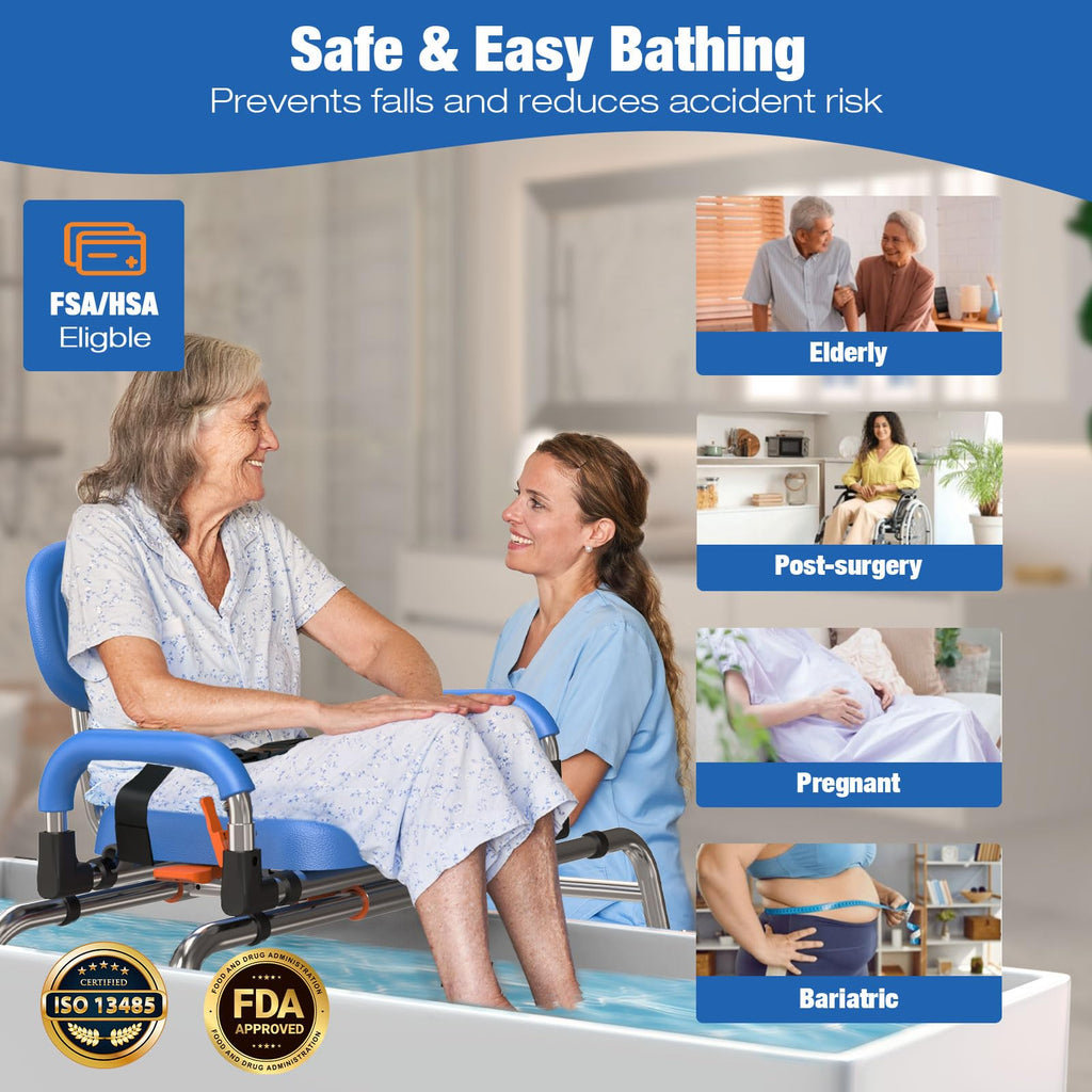 WHLICKS Sliding Shower Chair with Wide 360° Swivel Seat, 450lbs Tub Transfer Bench for Bathtub, Adjustable Height and Arms Width Shower Seat for Inside Shower, Shower Chair for Elderly and Disabled