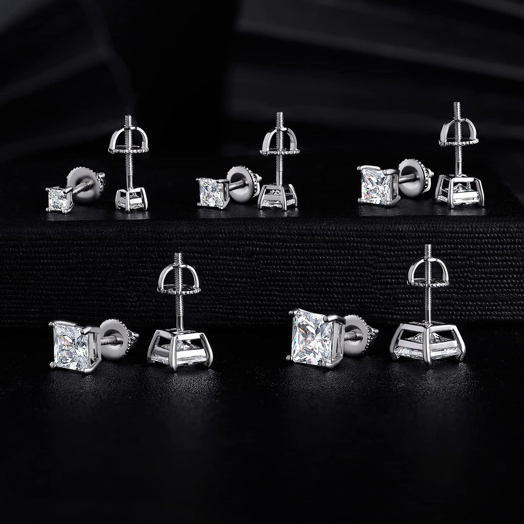 18K White Gold Plated Princess Cut Cubic Zirconia Screw Back Stud Earring Pack of 5 Pairs (5 Pairs)