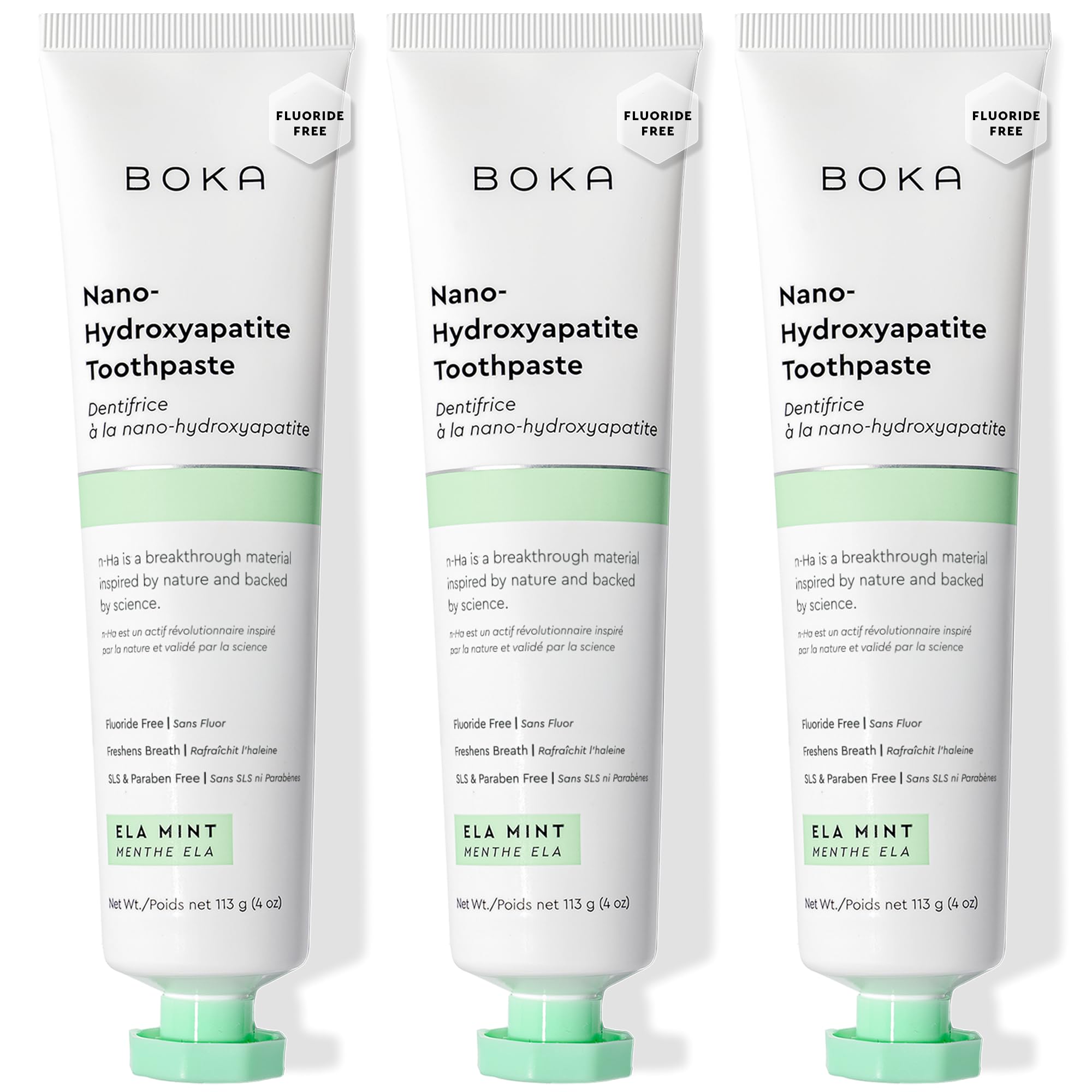 Boka Fluoride Free Toothpaste, Nano Hydroxyapatite Toothpaste, Appropriate for Sensitive Teeth - for Adult Oral Care - Ela Mint Flavor, 4 Fl Oz 3Pk US Manufactured