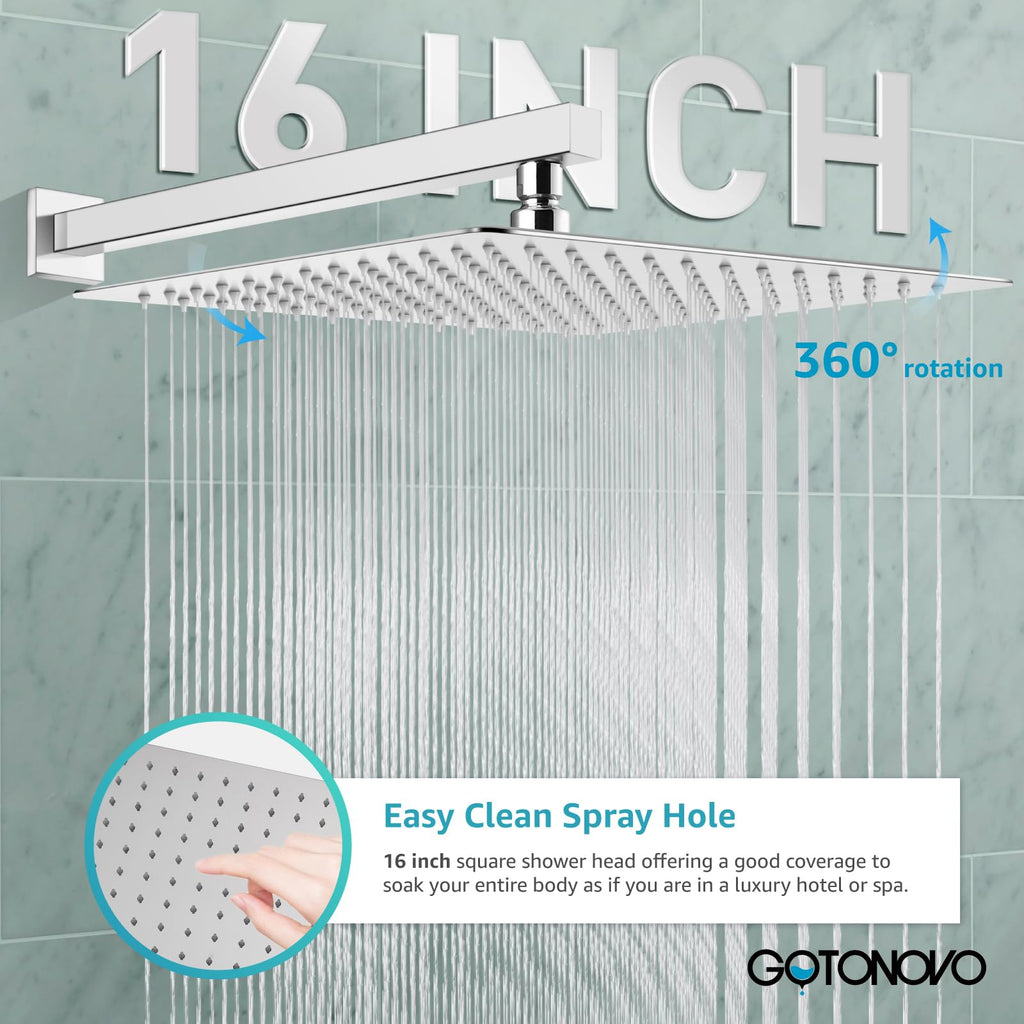 gotonovo Rainfall Bathroom Shower System Rain Shower Head and Handle Set Wall Mounted Shower Complete Combo Solid Brass Pressure Balancing Shower Mixer Valve 16 Inch Polished Chrome