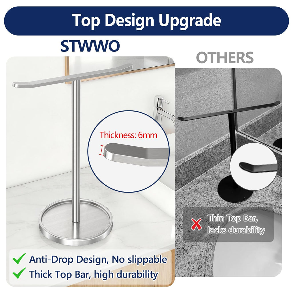 STWWO Hand Towel Holder, Stainless Steel Towel Holder Stand for Bathroom, Kitchen Countertop, T-Shaped Hand Towel Rack Stand, Brushed Nickel