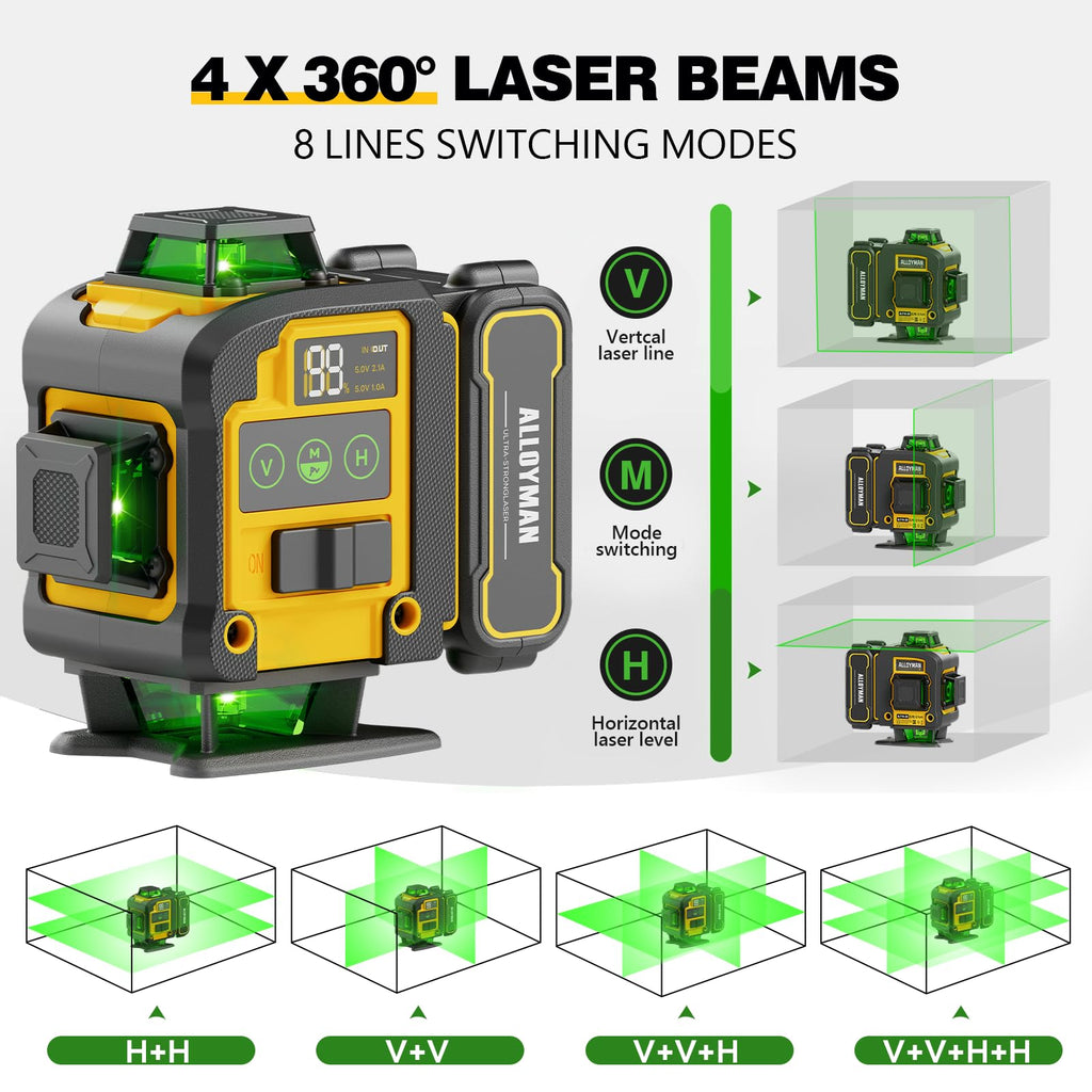Laser Level with Tripod, Alloyman 4x360° Self Leveling Laser Level, Green Line Laser 4D Laser Leveler Tool with 2Pcs Lithium Batteries for Picture Hanging, Tile, Home Renovation, Indoor