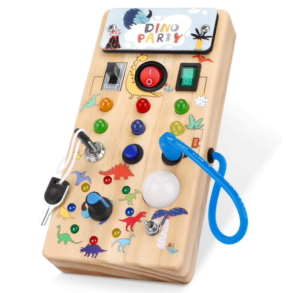 Dinosaur Busy Board with 8 LED Light Switches, Toddler Montessori Busy Board with Light Switch, Sensory Travel Toys, Montessori Toys for 1+ Year Old Boys