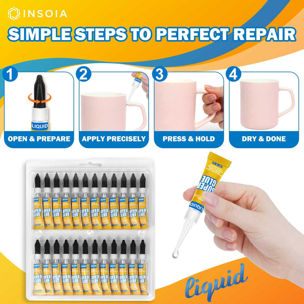 INSOIA Super Glue Liquid Clear, 24 x 3g, All Purpose Single-Use