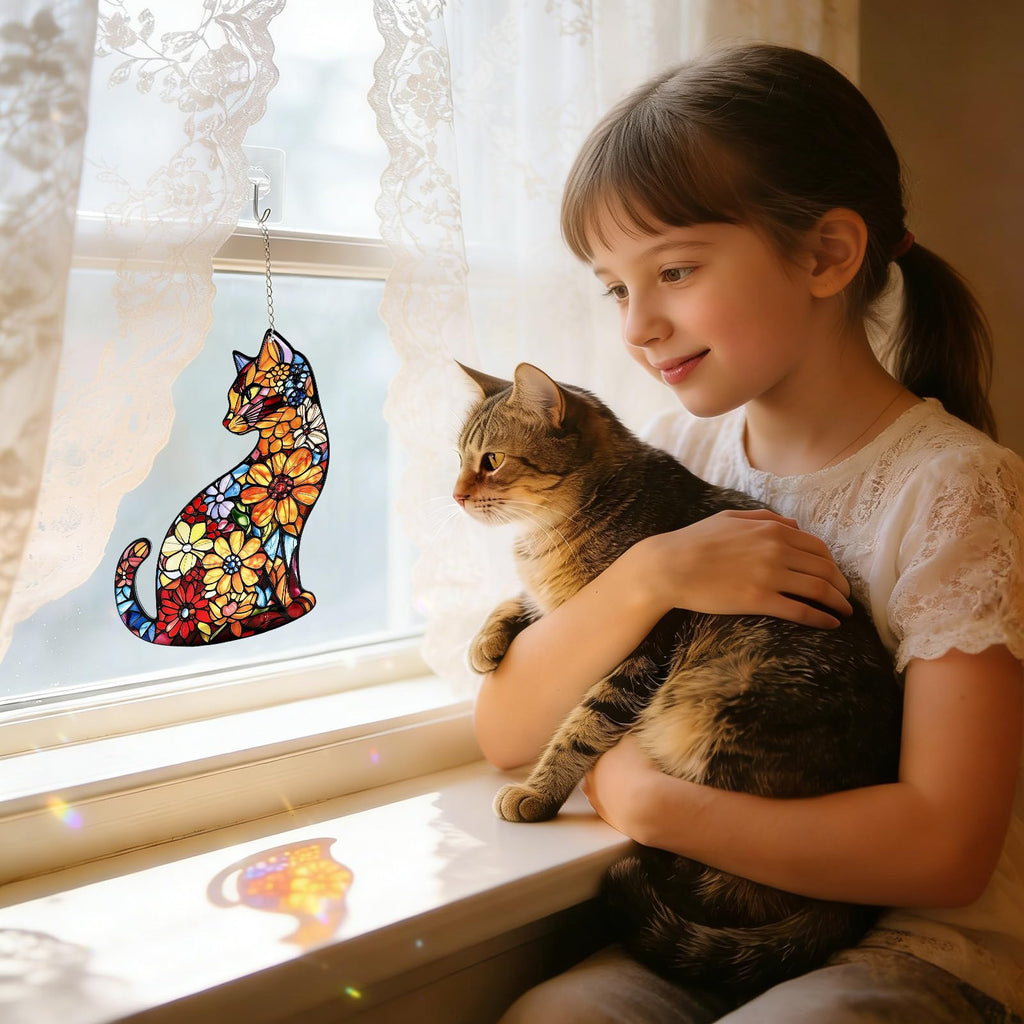 Stained Glass Window Hanging Sun Catchers with Cat Design