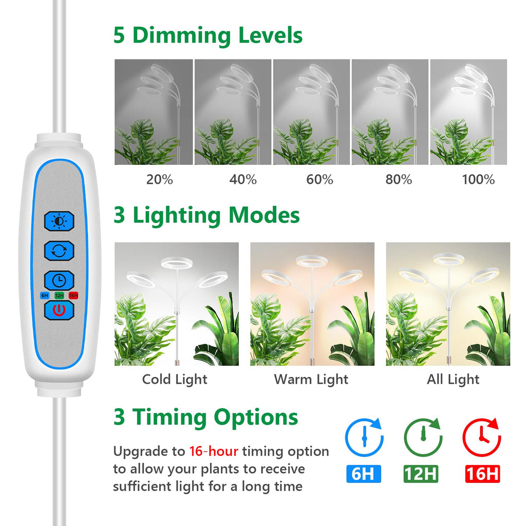 Aumtrly 3 Head Grow Light Full Spectrum LED for Tall Indoor Plants Growing