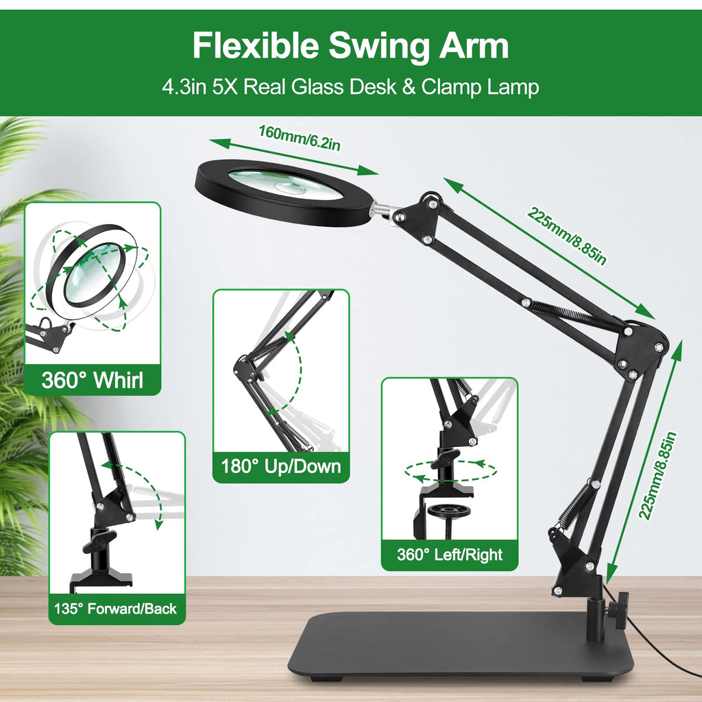 Magnifying Glass with Light and Stand, Flexible Magnetic Helping Hand, 5X&10X 12V 108pcs LED Beads Magnifying Lamp, 3 Modes Adjustable Swivel Gooseneck Arms & Heavy Duty Base Plate