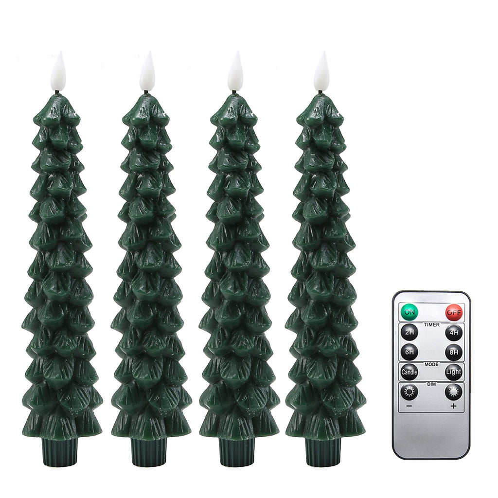 Fo32won Christmas Tree Shaped Flameless Candlesticks Battery Operated with Remote and Timer, Set of 4 Real Wax LED Taper Candles with 3D Flickering Wick for Christmas Decoration Gift