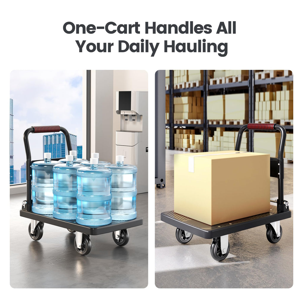 TIDY PALM Upgraded Foldable Push Cart Dolly | 660 lbs.Capacity Moving Platform Hand Truck | Foldable for Easy Storage | 4'' PU 360 Degree Swivel Silent Wheel-Black