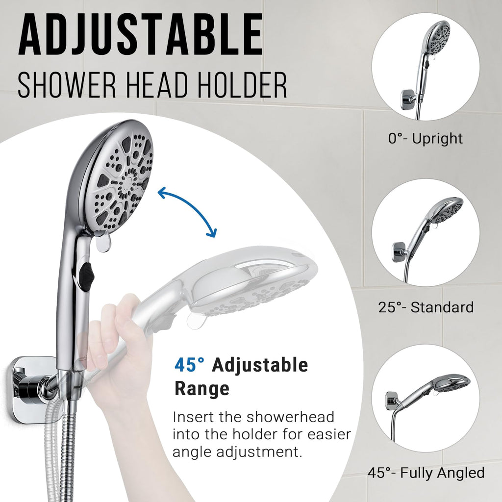 G-Promise Metal Handheld Shower Head Holder, Adjustable Wall Mount Shower Wand Bracket, Strong Adhesive Disc Mount or Drill Installation (Square, Chrome)