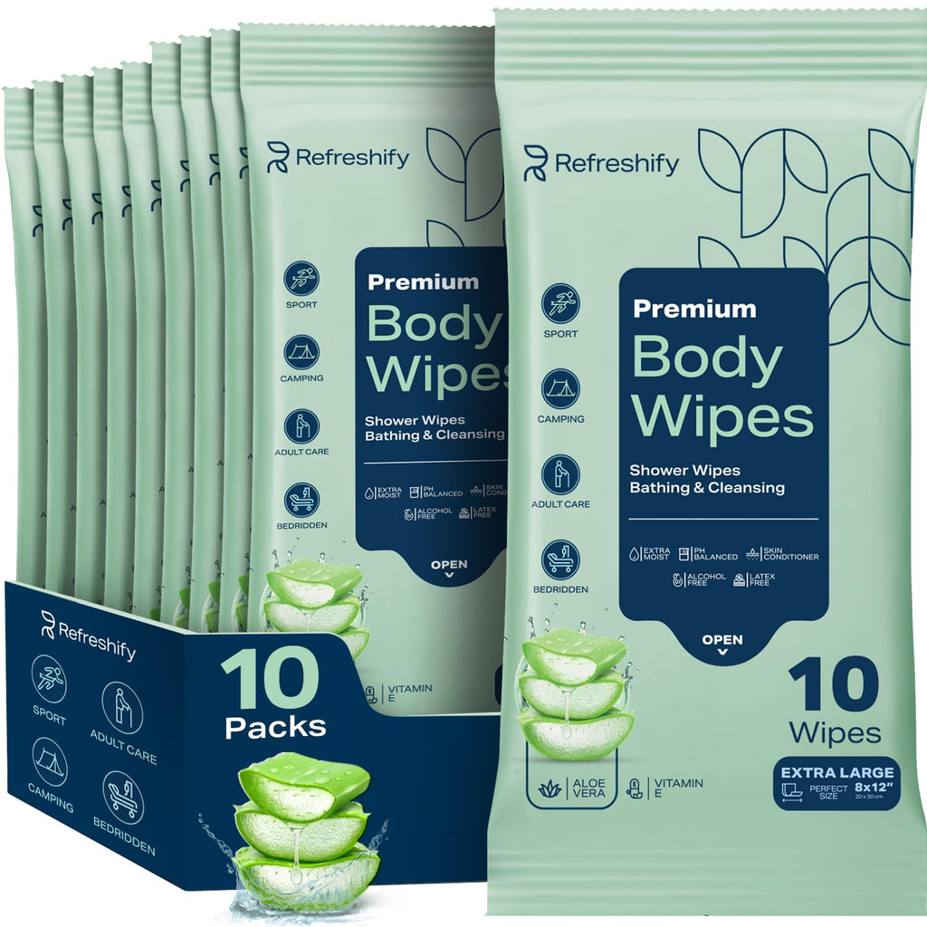 100 Large Shower Wipes – Body Wipes for Adults Bathing No Rinse – 10 Packs of 10 – Extra Moist Bath with Aloe & Vitamin E for Camping, Travel, Gym & Bedridden Care