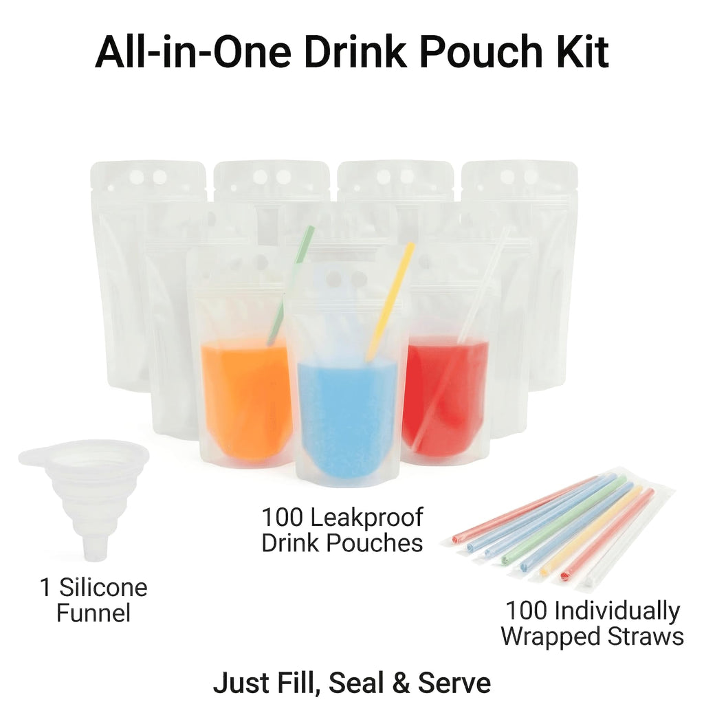 C CRYSTAL LEMON 100PCS Drink Pouches with Side Straw Port, Resealable Drink Bag Set with Straws & Funnel, 17oz Clear Beverage Pouches for Juice, Smoothies, Cocktails & Slushies