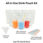 C CRYSTAL LEMON 100PCS Drink Pouches with Side Straw Port, Resealable Drink Bag Set with Straws & Funnel, 17oz Clear Beverage Pouches for Juice, Smoothies, Cocktails & Slushies