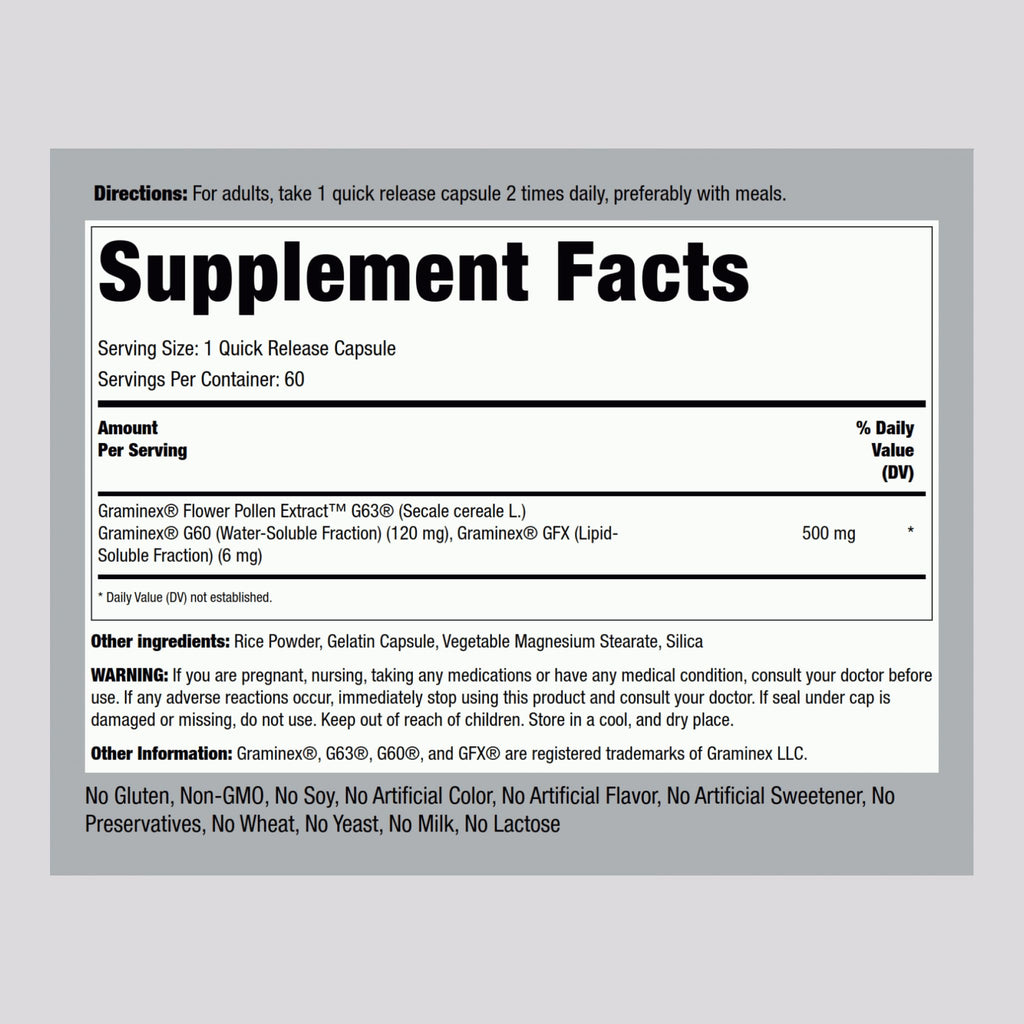 Piping Rock Graminex Flower Pollen Extract | 500mg | 60 Capsules