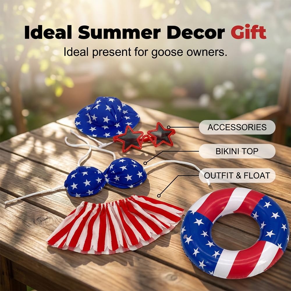 TAQIYEZ Hawaiian Porch Goose Outfit with Sunglasses & Wreath, 4th of July Patriotic Goose Bikini Outfits for Lawn Patio Outdoor Decor