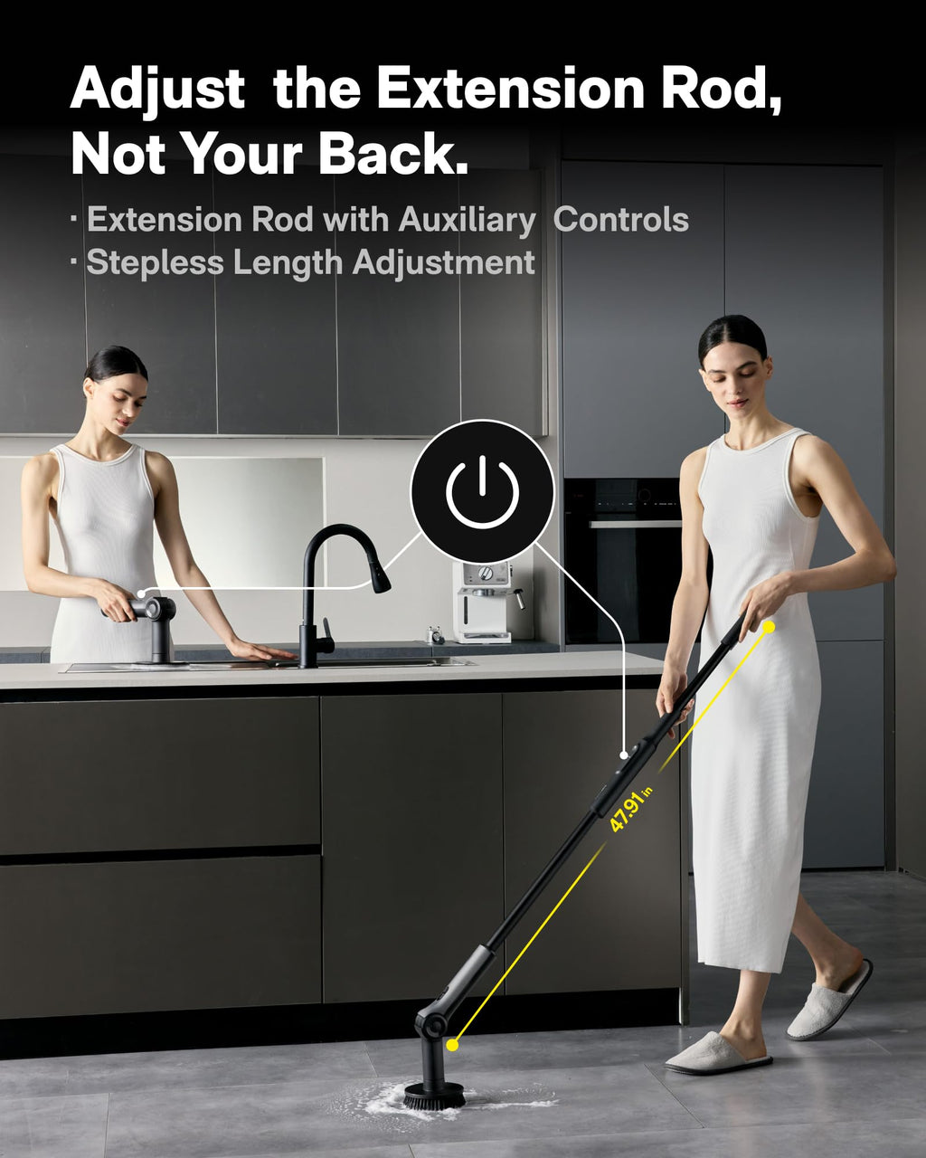 HOTO Flexi™ Cordless Electric Spin Scrubber, Adjustable Angle, Extendable Handle, Smart Display, IPX7 Waterproof, Powerful Cleaning Scrubber with 8 Replaceable Brush Heads, for Bathtub, Bathroom, Tile
