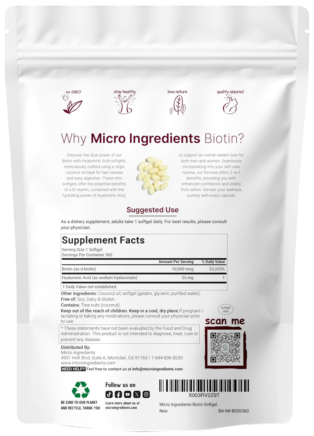 Micro Ingredients Biotin 10,000mcg w/Hyaluronic Acid 25mg | 365 Virgin Coconut Oil Softgels, Fast Release, One Year Supply, Non-GMO & No Gluten
