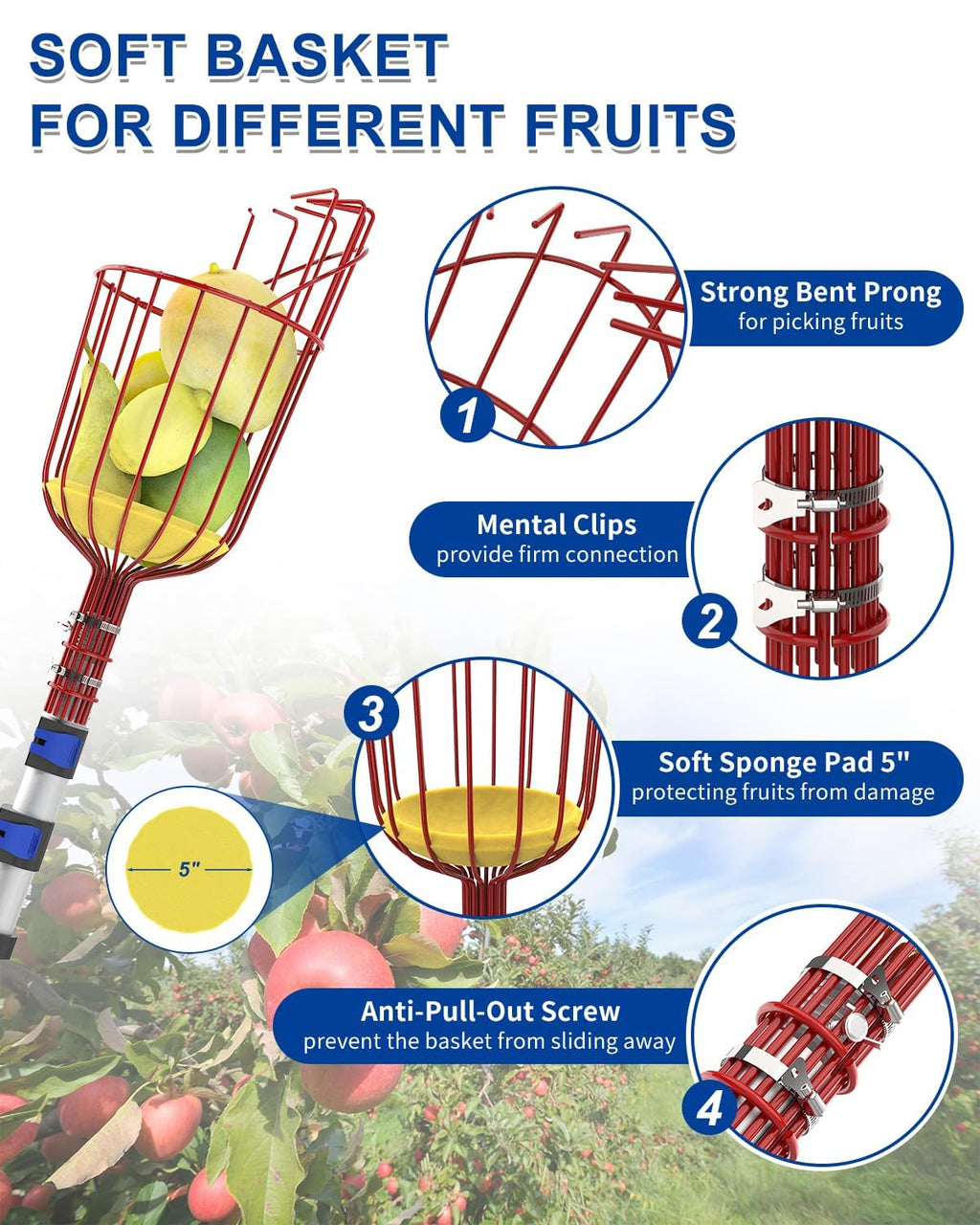 SKGPOLE 26FT Reach Fruit Picker, 5-20 Foot Sturdy Aluminum Telescoping Fruit Picker Extension Pole with Metal Twist-on Basket, Suit for Apple Pear Lemon Mango Guava Orange Avocados Tree Fruit Picking