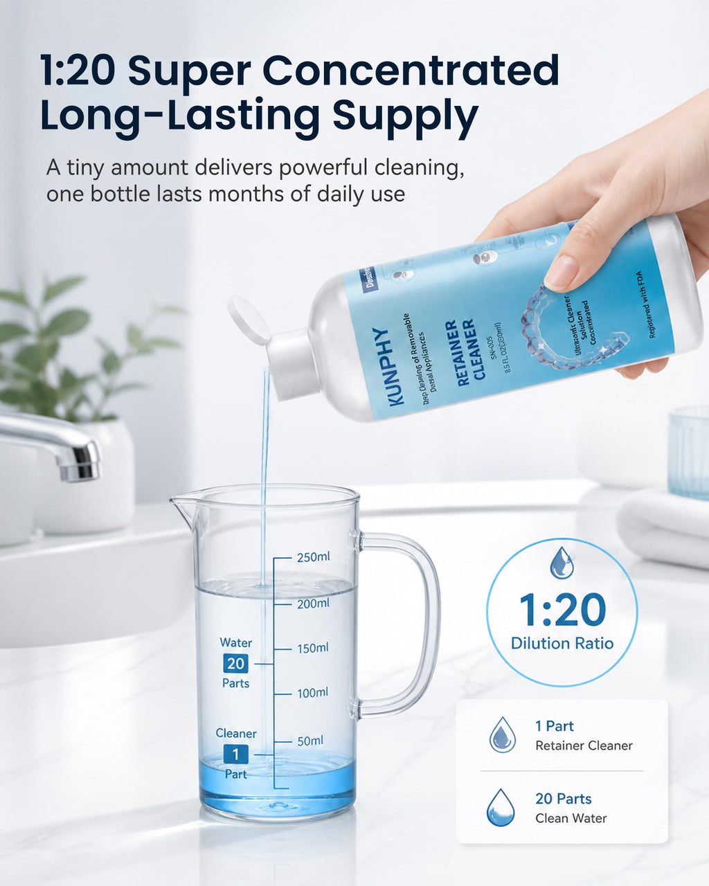Ultrasonic Retainer Cleaner Solution for Ultrasonic Denture Cleaner-Professional Cleaning of Retainers, Invisible Aligners, Mouth Guards, Night Guards, Remove Odors, Discoloration & Stains 8.5oz