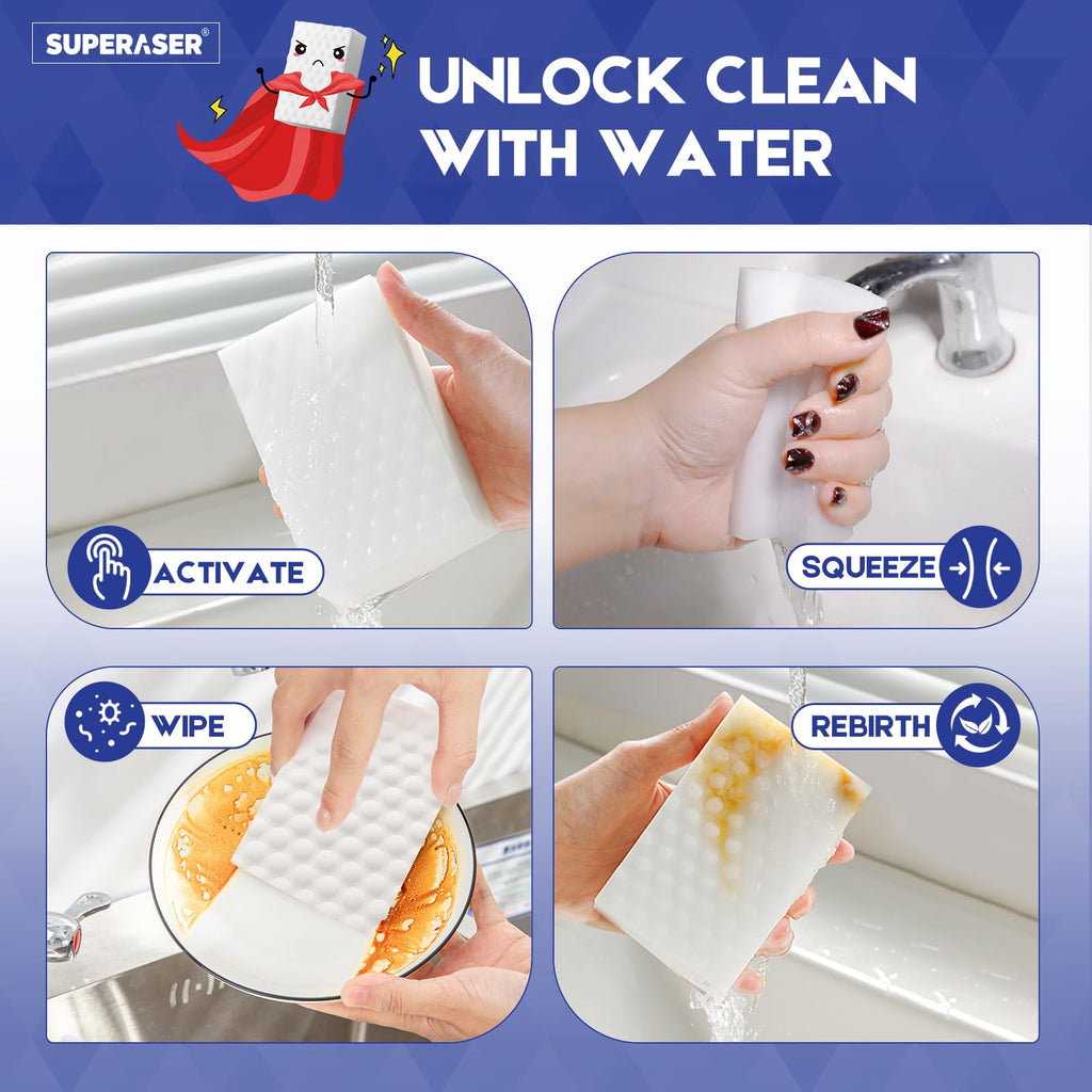 SUPERASER Magic Sponge Bulk 50 Pack, Textured MEGA-50 | Long Lasting Value Supply for Heavy-Duty Cleaning | All-Purpose Melamine Foam Pads