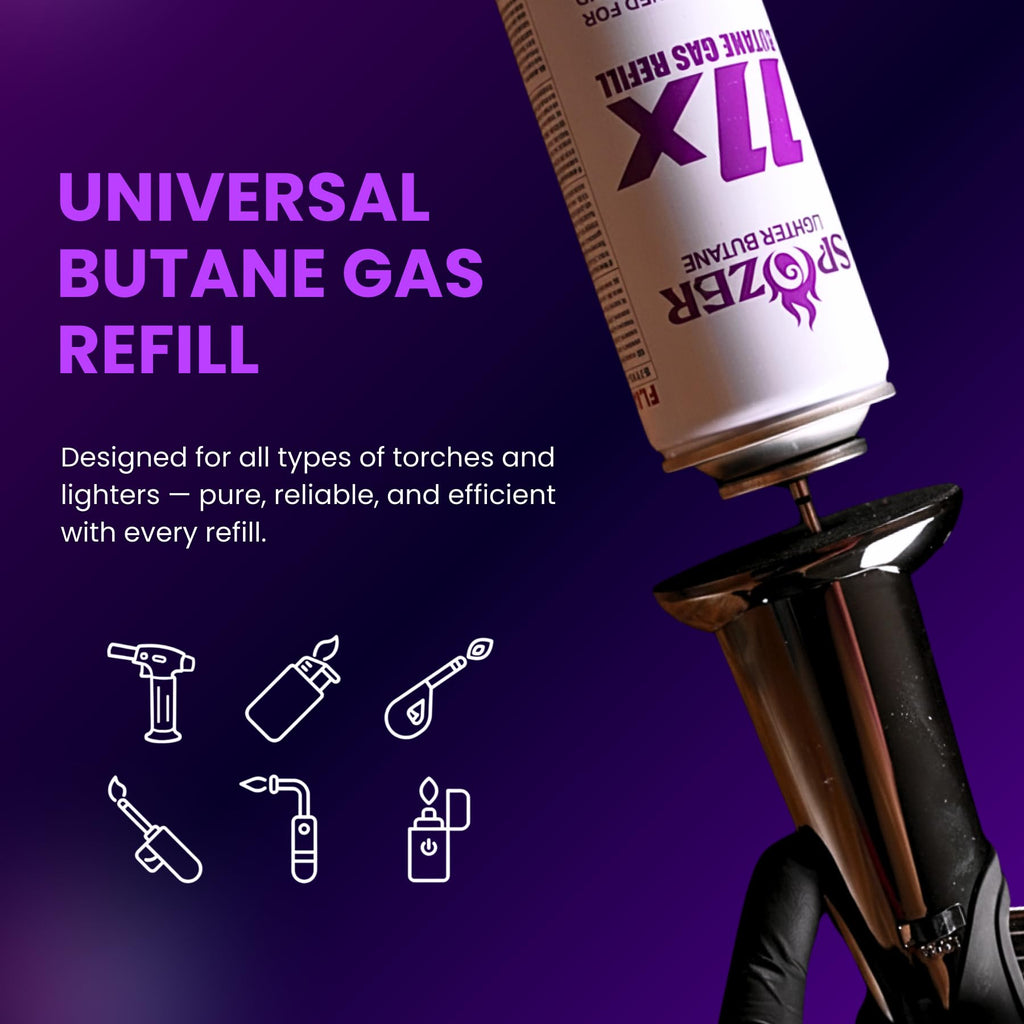 SPOZER 11X Premium Butane Fuel Refill, Universal 99.99% Ultra Pure Butane Gas for Torch Lighters, 300ml(10.14 FL.Oz) Cans, 2 Display Box(Pack of 24)