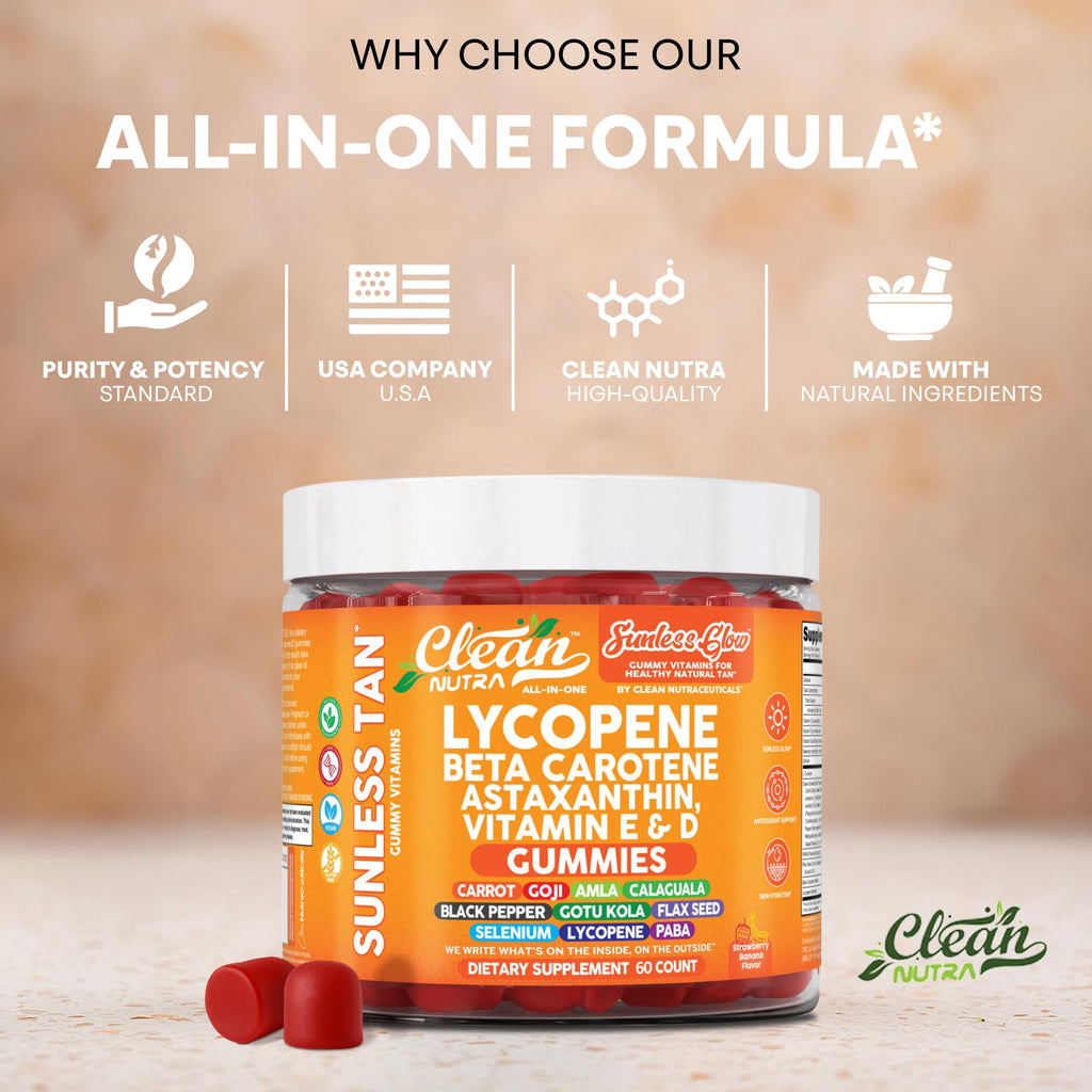Sunless Glow Lycopene Beta Carotene Tanning Gummies Astaxanthin Vitamin C D E Flax Seed Selenium Amla l Tyrosine PABA Black Pepper 60 Count Strawberry Banana Flavor by Clean Nutra