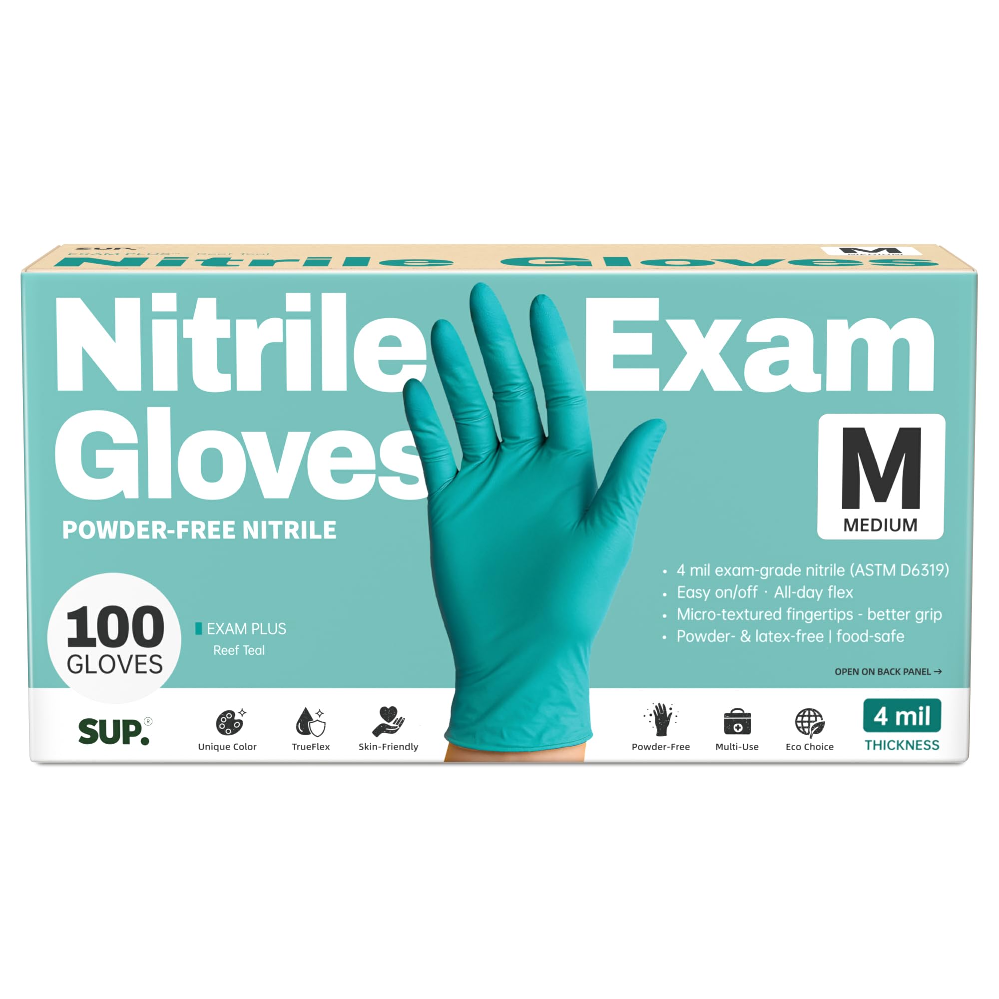 SUP Powder-Free Nitrile Exam Gloves, 100 Count Food Safe Latex-Free Disposable Gloves for Medical Cooking Cleaning Food Prep, Teal (Medium)