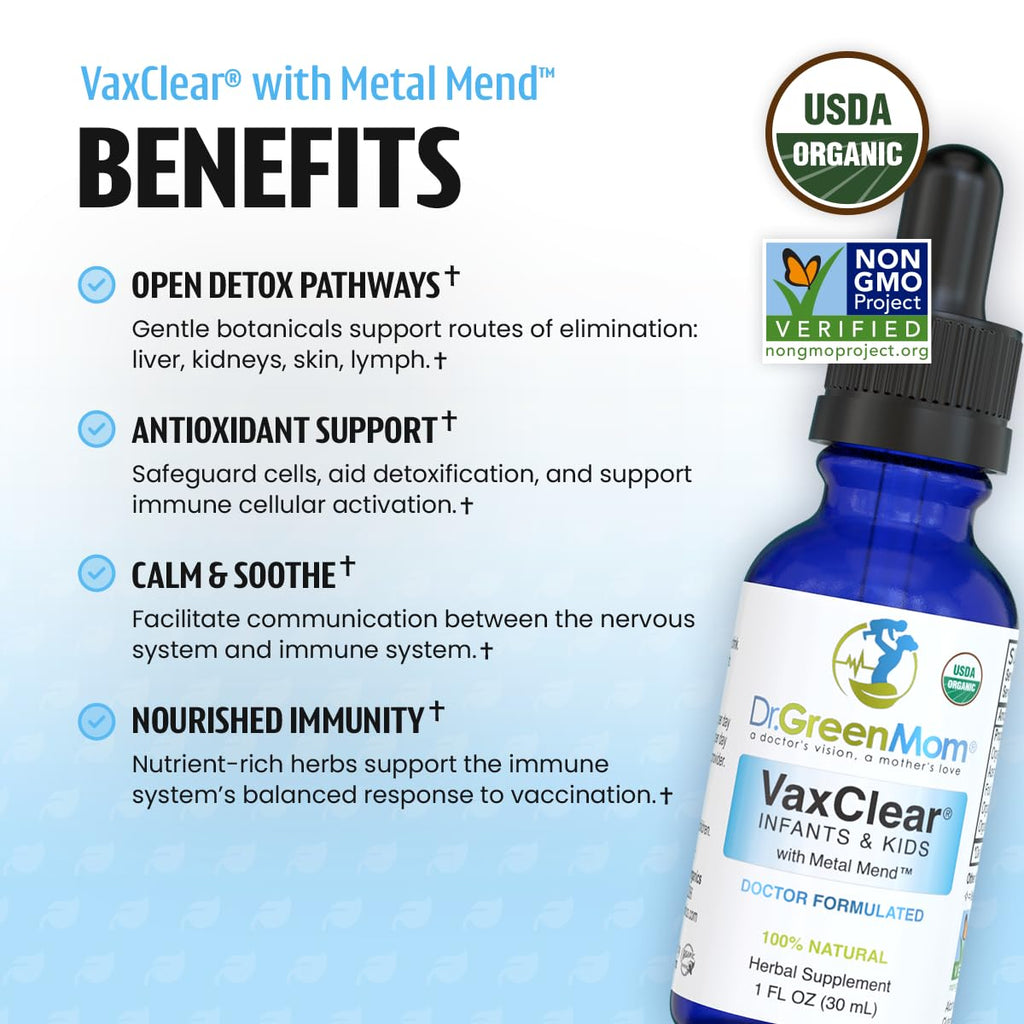 Dr. Green Mom Organic VaxClear with Metal Mend, Herbal Heavy Metal Detox Drops for Kids and Infants with Chlorella, Turmeric, Cilantro and Milk Thistle to Cleanse and Support Immune Response
