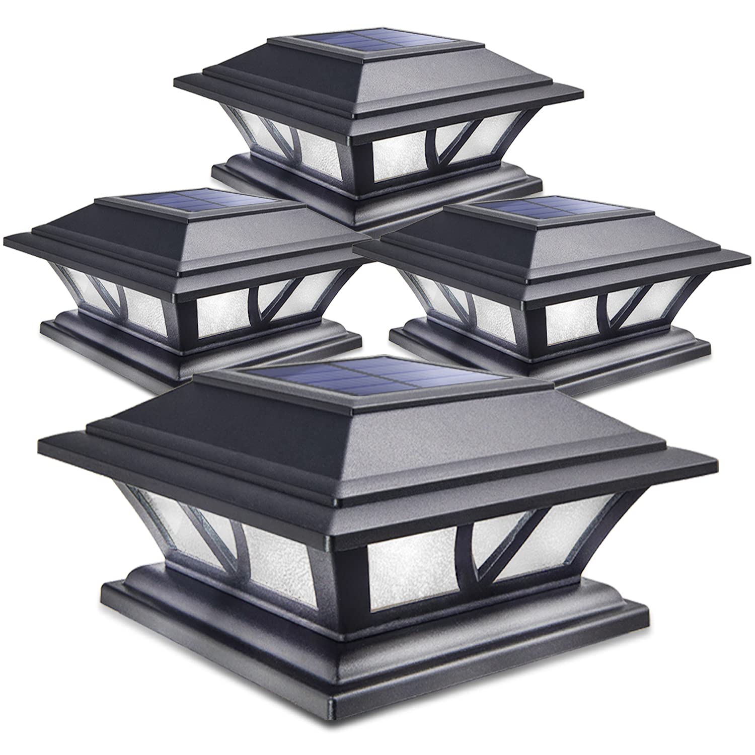SIEDiNLAR Solar Post Lights Outdoor 2 Modes LED Deck Fence Cap Light for 4x4 5x5 6x6 Posts Patio Garden Decoration Warm White/Cool White Lighting Black (4 Pack)