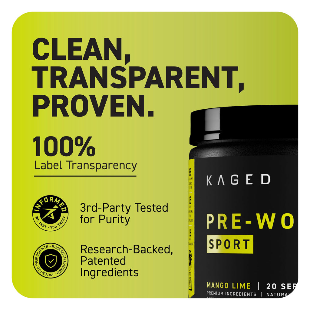 Kaged Sport Pre Workout Powder for Men & Women, Mango Lime, Sport Certified, 188mg Caffeine, Nitric Oxide Supplement, Beta Alanine for Energy, Weightlifting, Cardio Endurance & Strength, 20 Servings