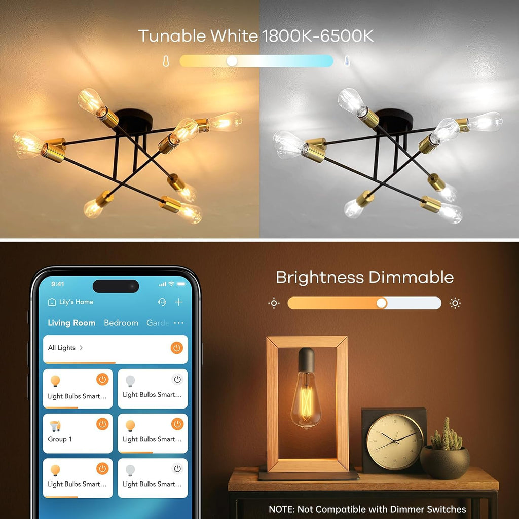 Linkind Matter Smart Light Bulb, ST19 (ST58) Smart Edison Bulbs, 2700K-6500K Warm White to Daylight E26 LED Bulb 8W 60W 800LM, Work with Alexa, Google/Apple Home, SmartThings, 2.4GHz WiFi, 4 Pack