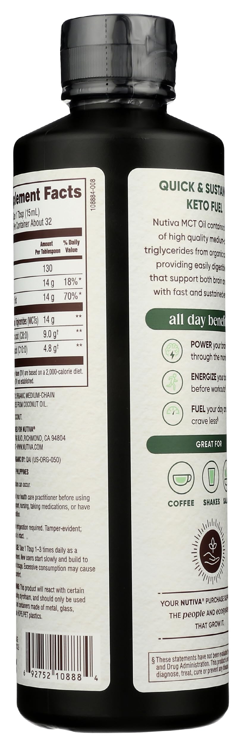 Nutiva Organic MCT Oil, Kosher, Keto Friendly, USDA Certified Organic, Non-GMO, 16 Fluid Ounce (Pack of 1)