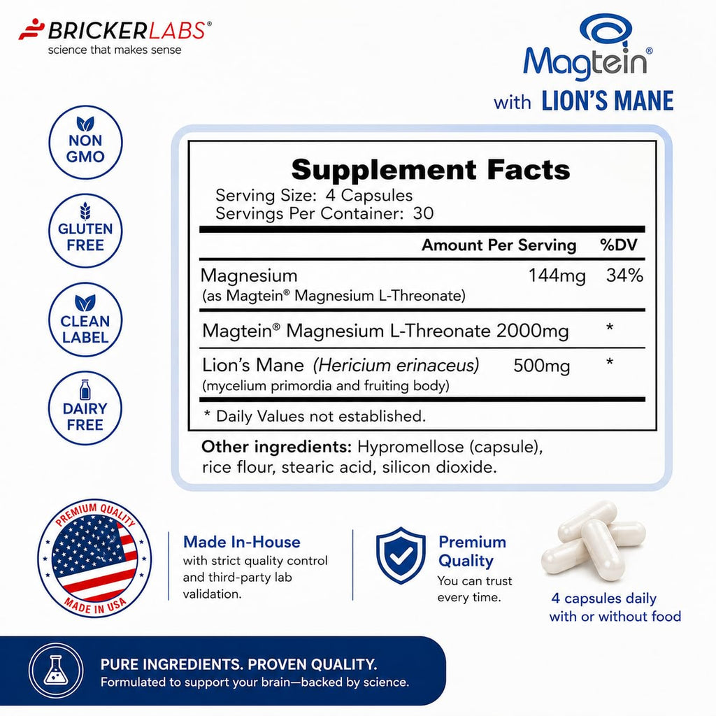 Bricker Labs Magtein & Lion's Mane Magnesium L-Threonate Supplement