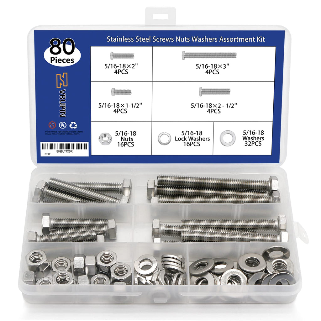 80PCS Bolts and Nuts 5/16-18 x1-1/2”, 2”, 2-1/2”, 3” Carbon Steel Hex Bolts and Nuts Set Hardware Screws Assortment Kit (4 Different Sizes)