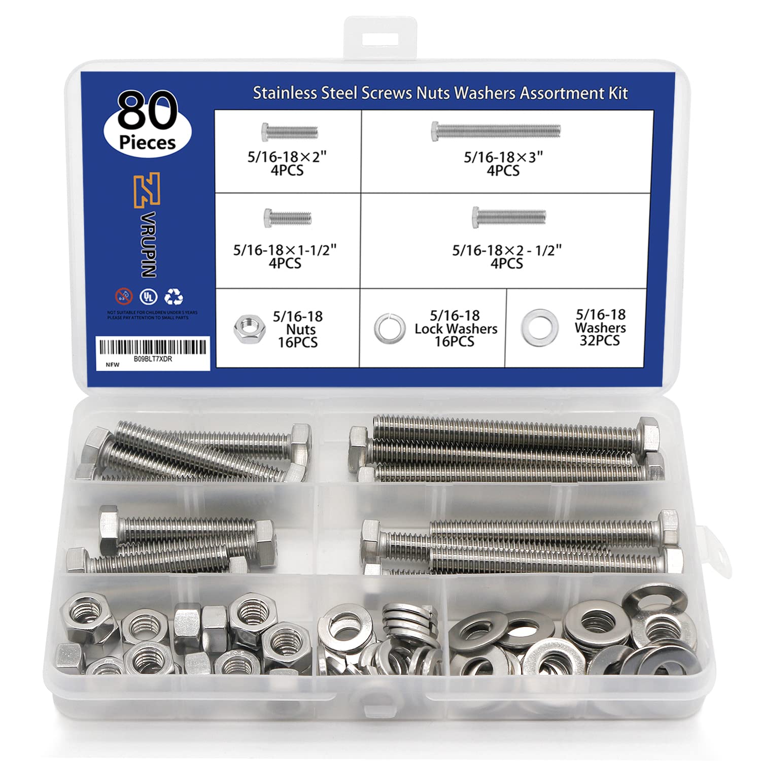 80PCS Bolts and Nuts 5/16-18 x1-1/2”, 2”, 2-1/2”, 3” Carbon Steel Hex Bolts and Nuts Set Hardware Screws Assortment Kit (4 Different Sizes)