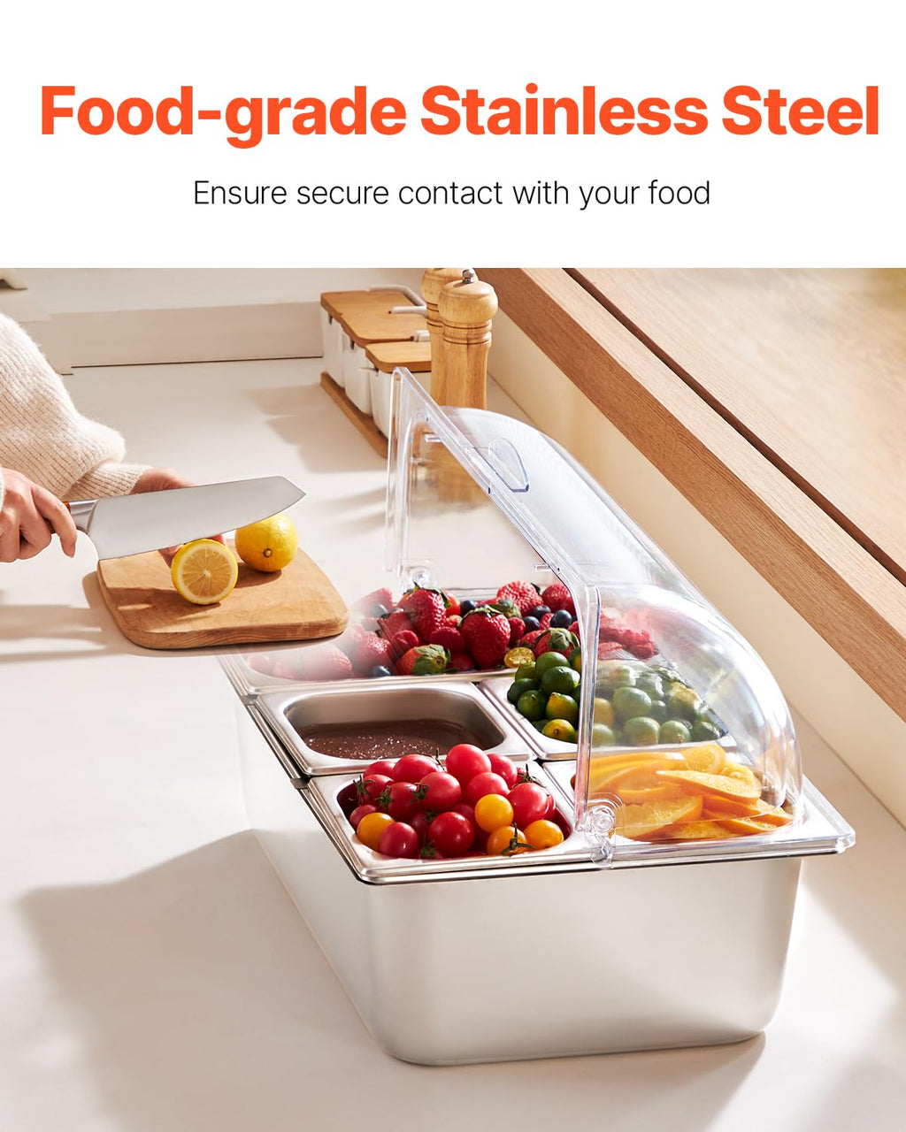 VEVOR Countertop Food Serving Display Container, 5 Pan Stainless Steel Food Serving Tray, Buffet Condiment Dispenser Display Rack with Clear Lid & 3 Freezer Boxes, for Restaurant Hotel Kitchen Party