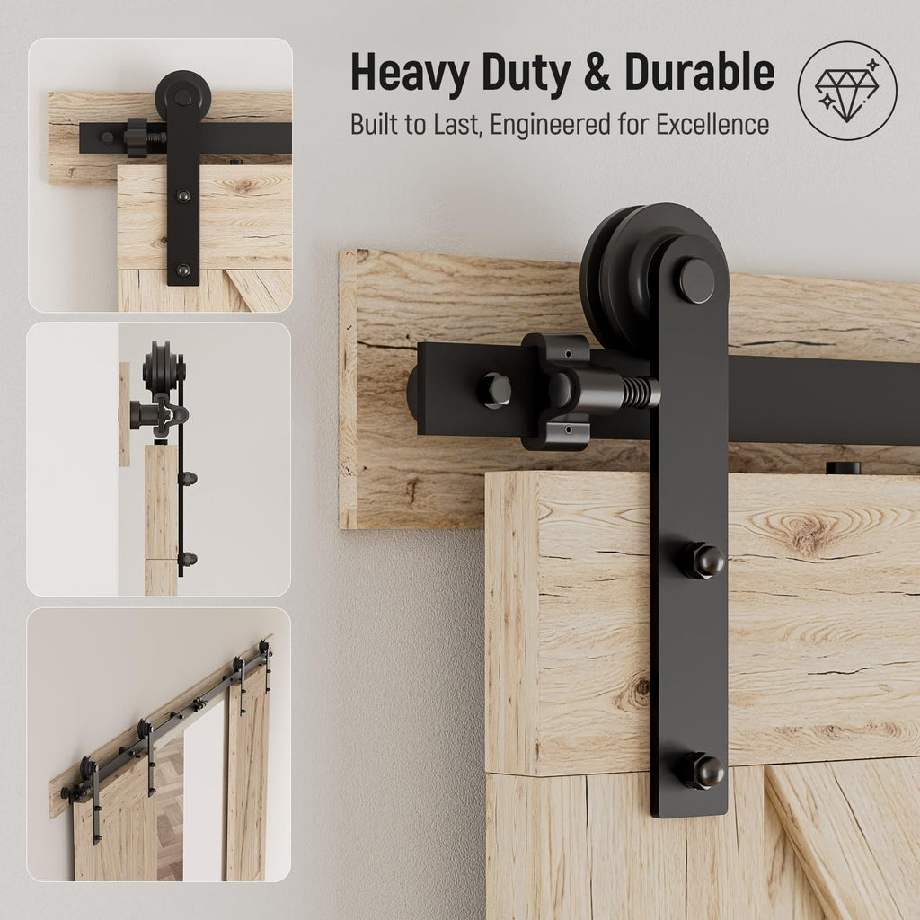 CCJH 9FT Sliding Barn Door Hardware Kit, Heavy Duty, Smoothly and Silently, Easy to Install, Fit 27" Width Double Door Panel, I Shaped Hangers Black