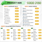 Ruibapa 1680pcs Nails and Screws Assortment Kit,3/4"-2" Hardware Nails,M3/M4/M5/M6 Machine Screws,#6#8 High Hardness Wood Screws,Assorted Screws, Common Nails with Handheld Box
