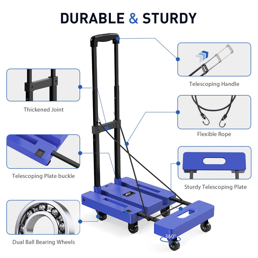 SPACEKEEPER Folding Hand Truck, 500 LB Capacity Luggage Cart, Portable Folding Dolly with 6 Wheels and 2 Elastic Ropes for Luggage, Personal, Travel, Auto, Moving and Office Use, Blue