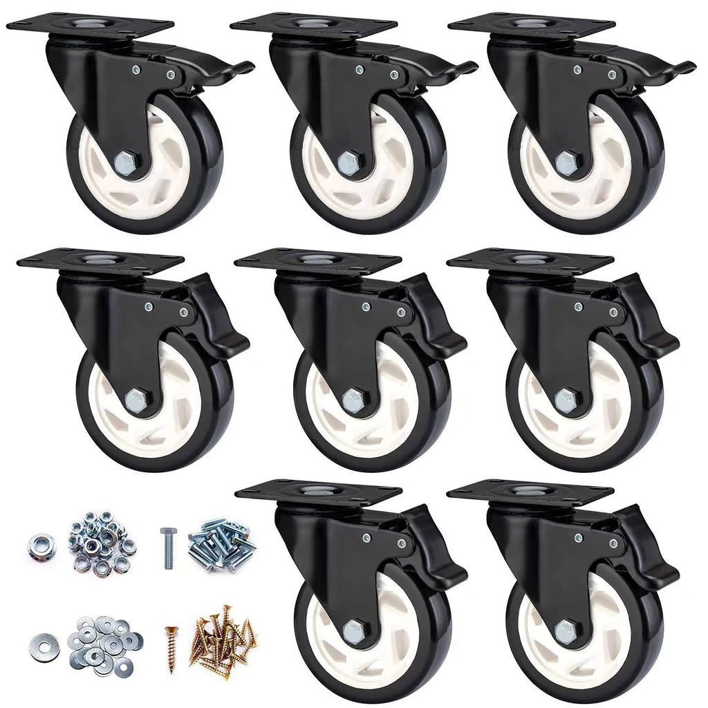 4 inch Caster Wheels, Casters Set of 8 Heavy Duty - CLOATFET Locking Swivel Casters with Brake (Top Plate), Non Marking Black Castor Wheels for Cart Furniture Workbench