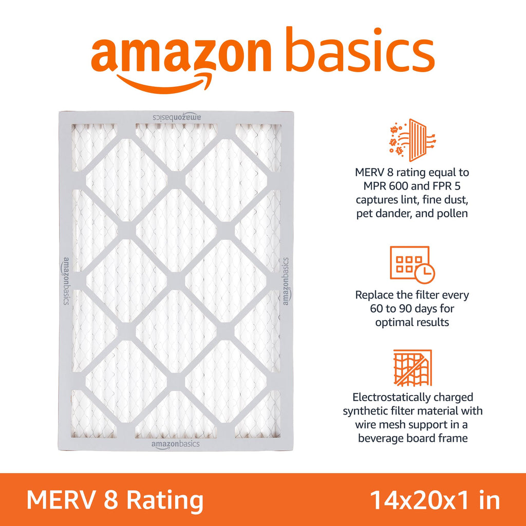 Amazon Basics 14x20x1 Air Filter, MERV 8 AC Furnace Filters, Allergen Control , Electrostatic, Removes Dust Pollen and Lint, 6-Pack (Actual Size: 13.75" x 19.75" x 0.75")
