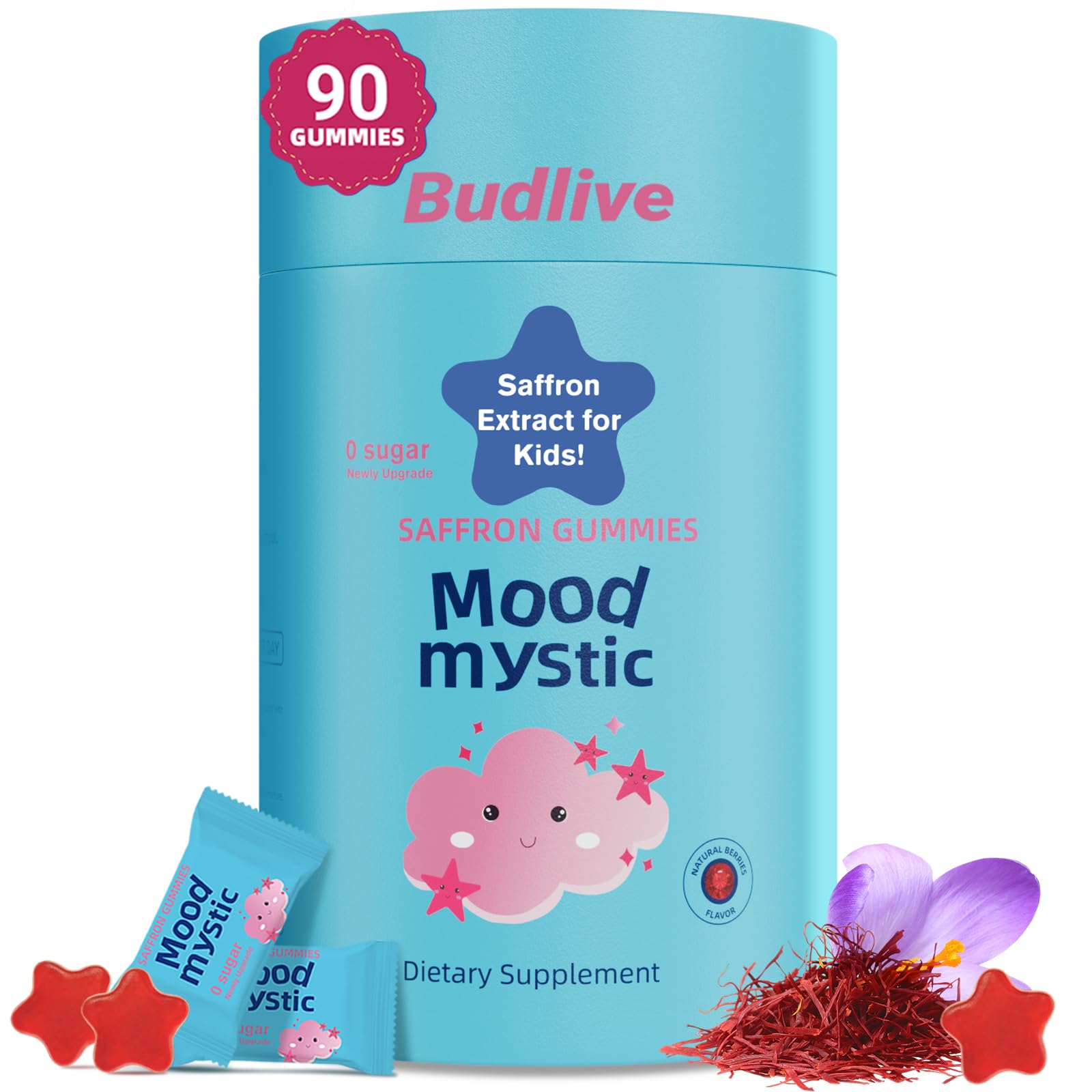 Biookultra Saffron Gummies for Kids – Sugar-Free Mood Support Supplement with Saffron Extract, Support Mood Balance & Cognition for Kids Ages 4-12, 90 Berry-Flavored Soft Chews