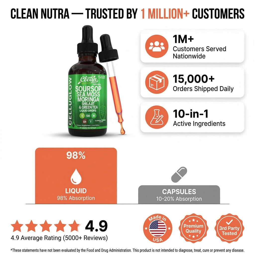 Clean Nutra Soursop Liquid Drops Sea Moss Moringa Shilajit Green Tea Vitamin D Vitamin C Garlic Supplements Grape Seed Lycopene Turmeric Root 4 Oz Immune Support & Cellular Health by Clean Nutra