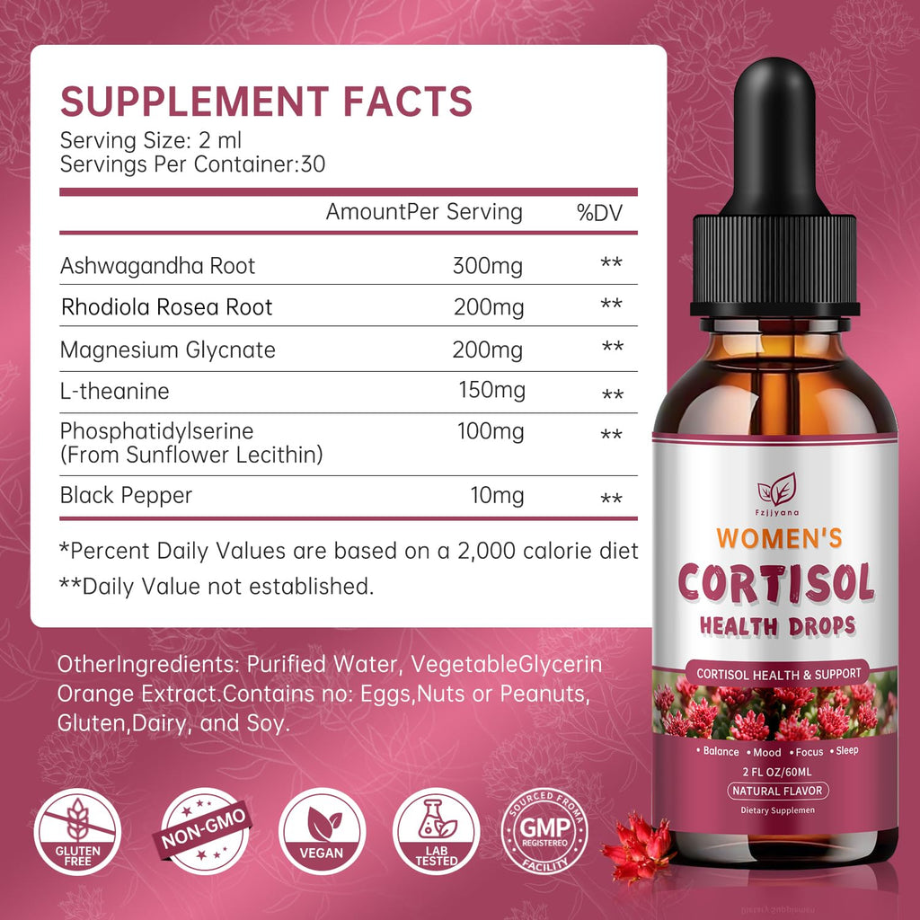 （2 Pack）Cortisol Manager Liquid Drops, Cortisol Supplements for Women, with magnesium ashwagandha, rhodiola rosea,l-theanine,Phosphatidylserine-Promote Relaxation and Support Mood- 30 Day Vegan Supply