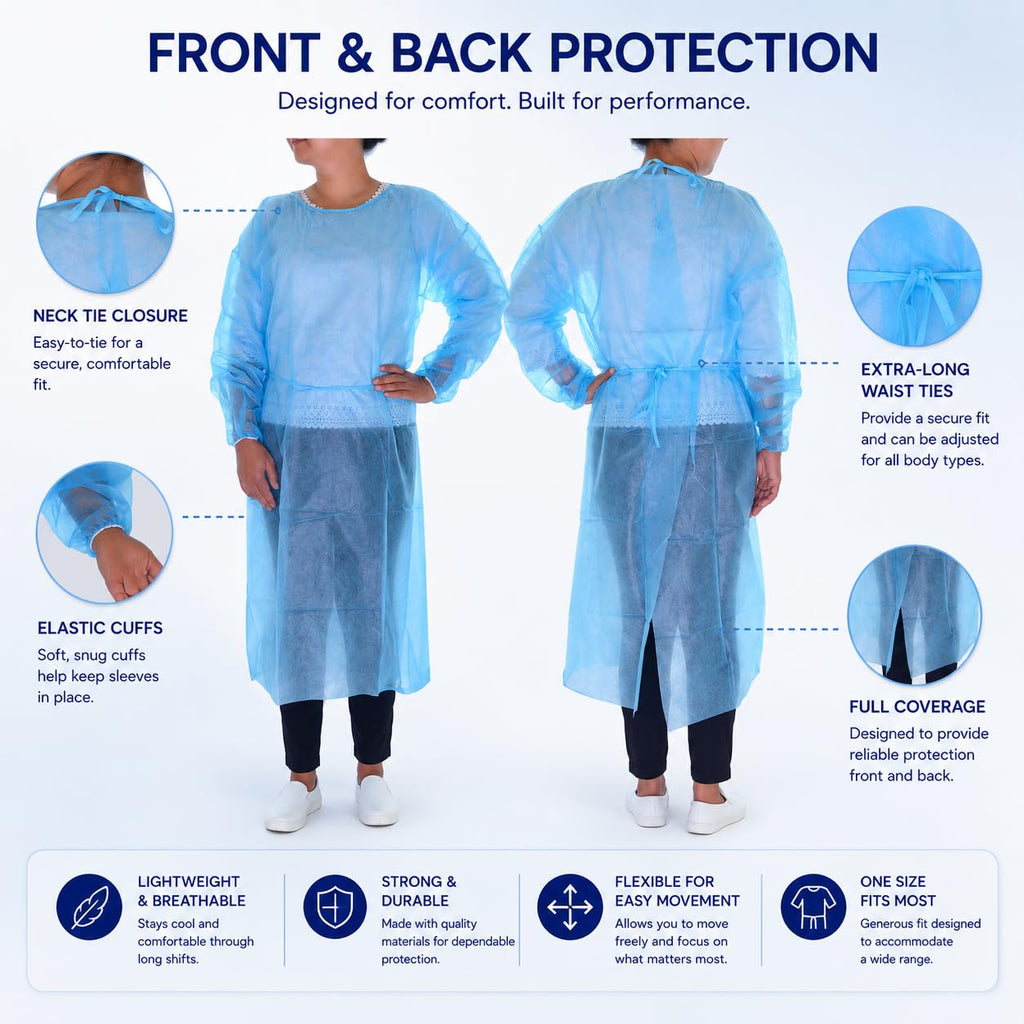 Dealmed Blue Isolation Gown – Disposable Medical Gowns, Latex-Free, Perfect for Hospitals, Medical Facilities, and Physicians’ Offices (Case of 50)