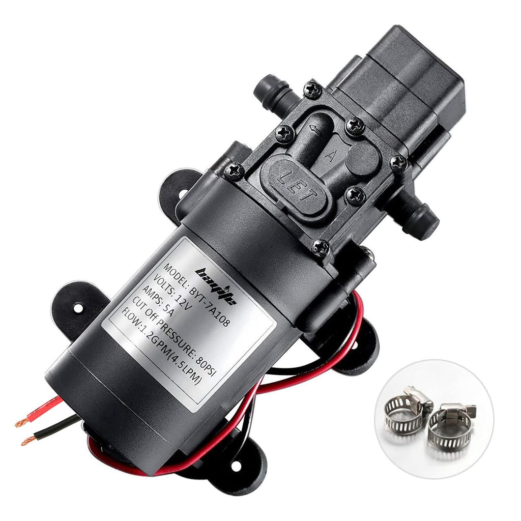 bayite 12V DC Water Transfer Pump with 2 Hose Clamps 12 Volt Diaphragm Pump Self Priming Sprayer Pump with Pressure Switch 4.5 L/Min 1.2 GPM 80 PSI for Weed ATV Marine Boat