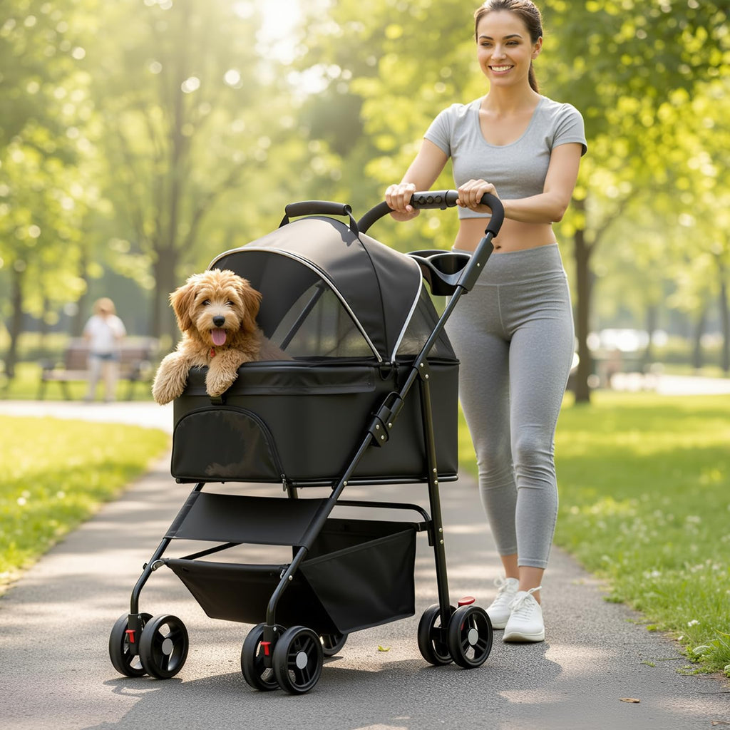 3-in-1 Dog Strollers for Small/Medium Dogs Cats,4 Wheels Pet Stroller,Detachable Carrier Basket,Breathable Mesh,Storage Basket,Cup Holder,Weather Cover,Black